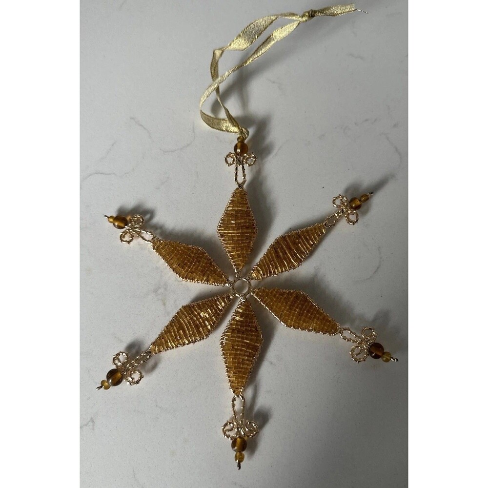 Czech Beaded Snowflake Christmas Ornament Gold Bead